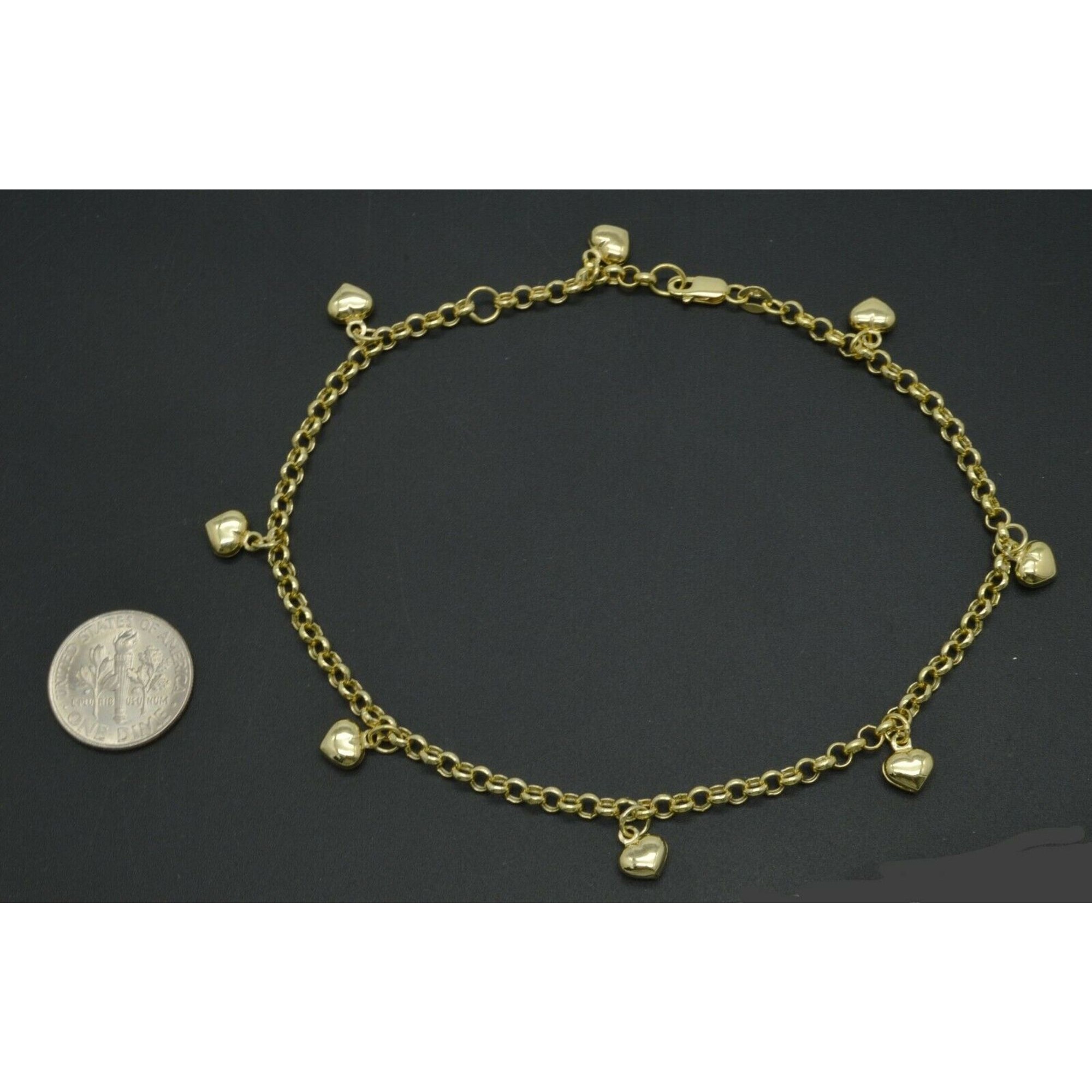 Real 10k Yellow Gold Rolo Link Heart Charms Ankle Bracelet 9-10